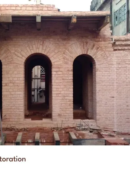 These images show the Sister Nivedita house during the restoration process. They reveal the careful work of restoring the original brick arches and structure, a critical step in preserving the soul of this important heritage building.