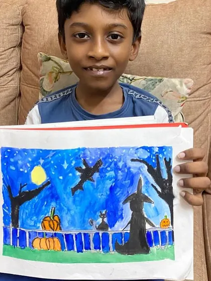 A beautiful nighttime Halloween scene with a witch, a black cat, and pumpkins, painted by one of my dedicated online students.
