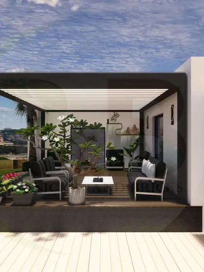 A 3D visualization of a large rooftop terrace with a modern pergola as the centerpiece. The design shows a spacious seating area with a fire pit, demonstrating how we create spaces for year-round enjoyment.