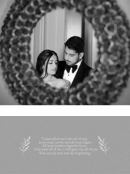 A romantic black and white mirror shot of Rishabh and Proumya, with lyrics from a love song adding to the mood.
