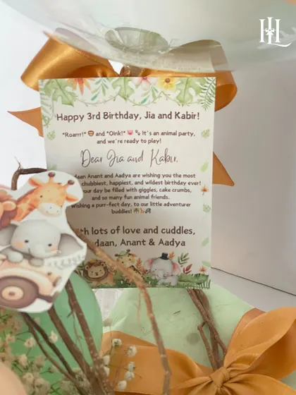 The personalized card for Jia and Kabir's birthday hamper. I believe a heartfelt message is a key part of any gift, and I design custom stationery to match the theme and occasion perfectly.