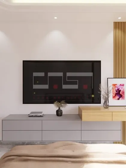 A render of a bedroom with an integrated desk and media unit, featuring a wood-paneled accent wall and ample storage for a functional space.