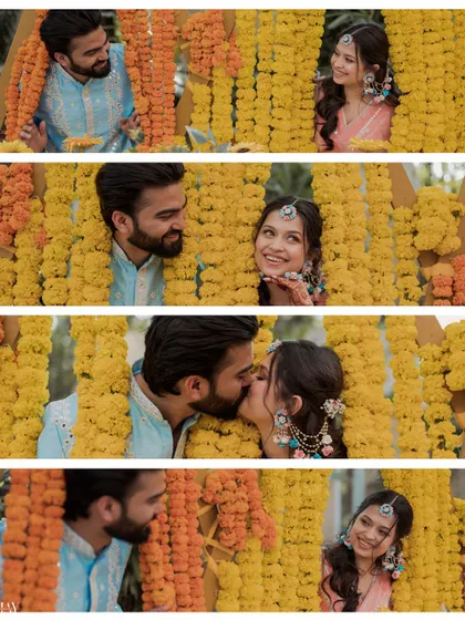A playful sequence of the couple peeking and kissing through curtains of marigold flowers.
