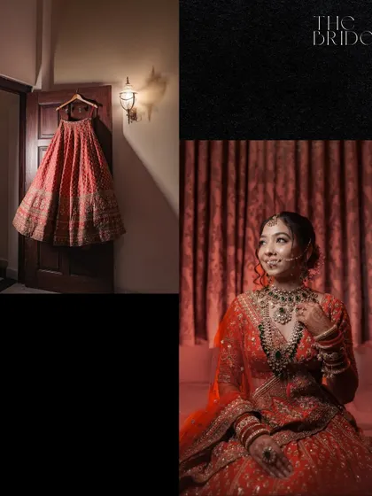 A collage showing the bride's lehenga hanging in anticipation, alongside a portrait of her ready and glowing, telling the story of her transformation.