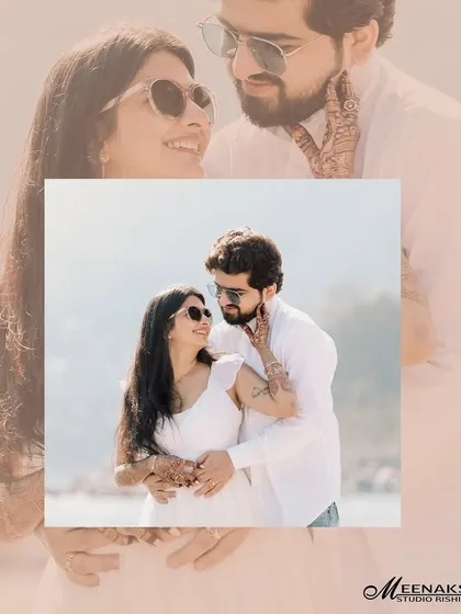 An artistic pre-wedding photo with a creative overlay, capturing a tender moment between the couple. I enjoy using different editing styles to add a unique touch to your gallery.