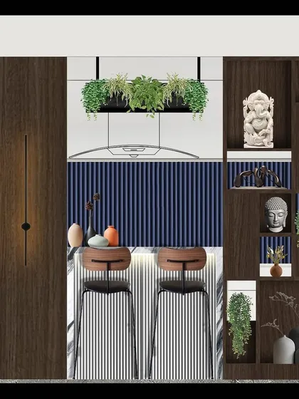 This design illustration details a modern kitchen with a breakfast bar and display shelving, showcasing our focus on both aesthetics and functionality.