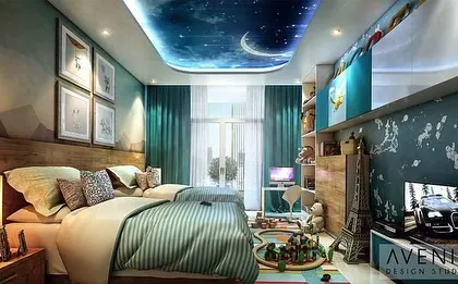 A creative and playful kids' bedroom with a celestial-themed ceiling. This rendering showcases our ability to design imaginative and functional spaces for all members of the family.