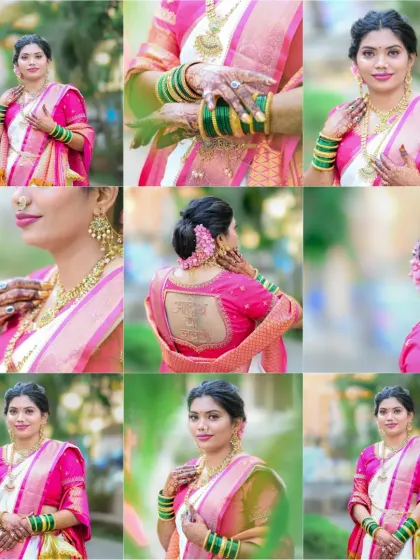 A comprehensive collage of nine images, capturing the bride from all angles, including details of her blouse design and hairstyle.