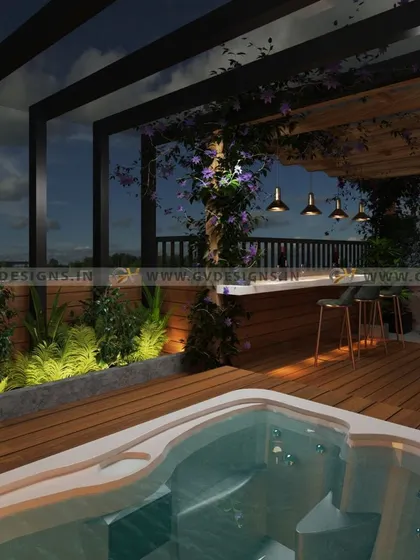 The right lighting transforms a space after sunset. Here, a closer look at the jacuzzi and bar area shows how we use a combination of soft, ambient lighting from planters and focused pendant lights over the bar to create a sophisticated, lounge-like atmosphere for evening entertainment.