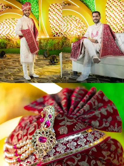 A collage showing the groom's full royal attire and a detailed close-up of his ornate turban (safa).