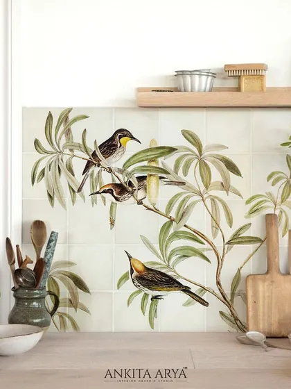 The bird-themed ceramic tiles installed as a beautiful kitchen backsplash. This shows how custom art can be integrated into functional spaces, making them both practical and inspiring.