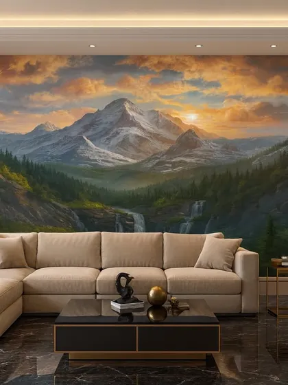 A breathtaking mountain landscape wallpaper at sunset. The warm colors and majestic view create a stunning and dramatic focal point in this living room.