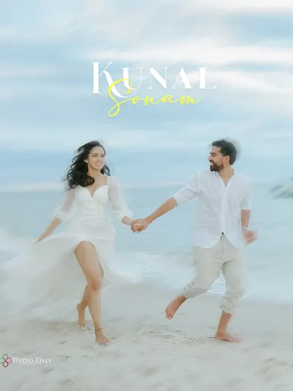 A playful and romantic shot of the couple running along a beautiful beach in Thailand. The motion in the image captures their joyful energy and the carefree spirit of a destination shoot.