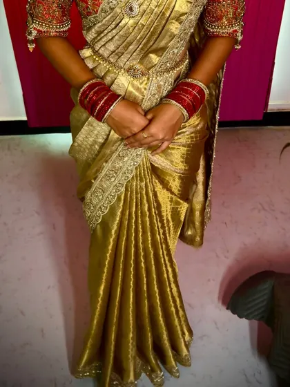 A detailed view of the lower half of the drape, showing the crisp, even pleats that are essential for a perfect South Indian look.