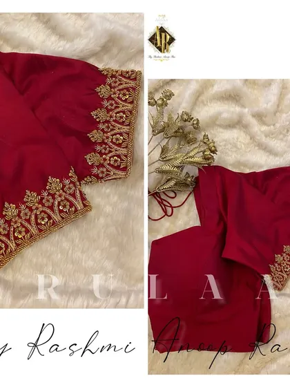 A simple and elegant red blouse with a beautiful border of zardosi work on the sleeves. This is a timeless design that will never go out of style.