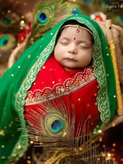 A divine portrait of a newborn as little Radha. We use vibrant colors, peacock feathers, and delicate accessories to create a beautiful and respectful tribute.