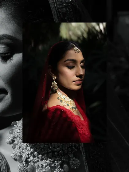 A beautiful and artistic close-up of the bride. The mix of black and white with a color inset creates a modern and emotional portrait.