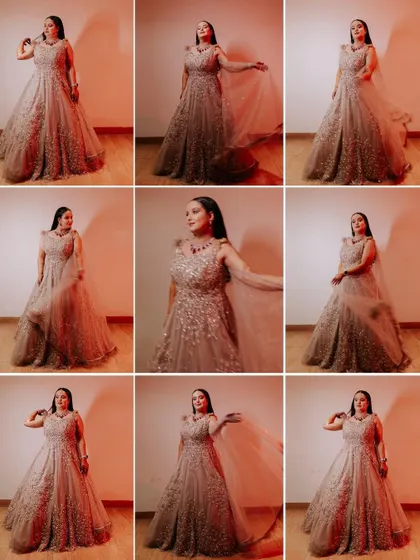 A fun, dynamic grid of photos showing the bride Ayushi twirling in her beautiful engagement gown, capturing the movement and flow of the dress.