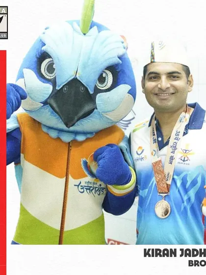 Kiran Jadhav celebrates his Bronze Medal win in the 10m Air Rifle Men's Event at the 38th National Games.