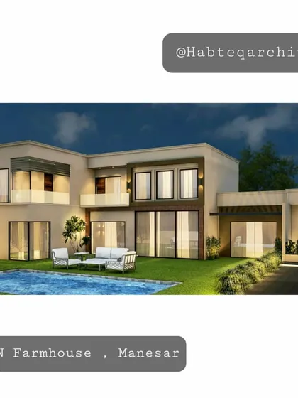 A visualization of the Orian Farmhouse in Manesar, showing the rear facade opening up to the lawn and pool. The design emphasizes large windows and balconies to connect with the natural surroundings.