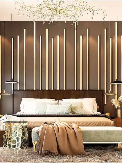 A dramatic and moody bedroom design. The dark brown accent wall features integrated vertical LED strips that create a stunning lighting effect, highlighting the room's height and modern aesthetic.