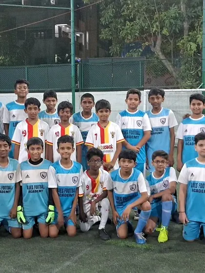 The Blues Football Academy Elite Team and Karunadu Football Academy Under-10s after a great practice match.