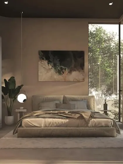 A bedroom in one of our Moira homes, designed with flowing curves and a warm, serene mood. The space opens onto a private deck, and the material palette of wood and plaster creates a sense of tropical lushness.