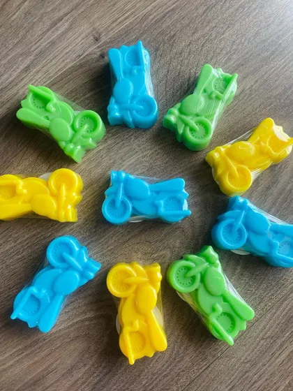 I'm addicted to making these cute bike soaps! They come in different colors and fragrances, like cool water blue and lemon yellow, all in a gentle goat milk soap base. They are a great way to make washing hands fun for kids.