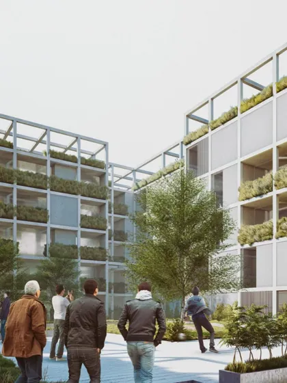 The community courtyard in Pixel Housing is a safe and engaging space for recreation and social gatherings.