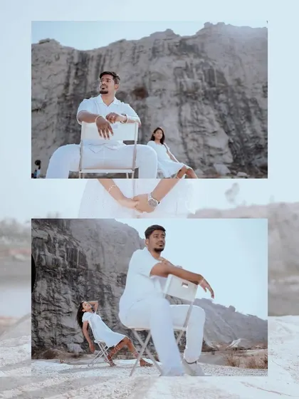 A creative pre-wedding collage with an editorial feel, using chairs and the natural landscape to create a modern and artistic composition.