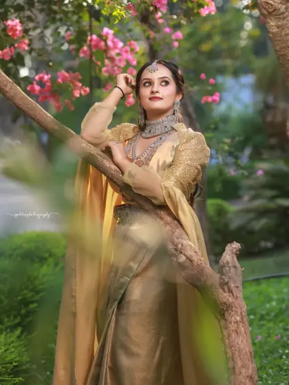A collection of portraits featuring a model in a golden-hued traditional outfit, shot outdoors. The natural light and garden setting add a soft, ethereal quality to these elegant images.