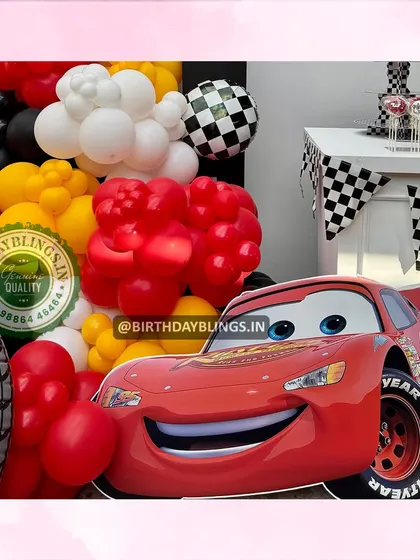A super close-up of the friendly face of Lightning McQueen, a favorite for all the kids.