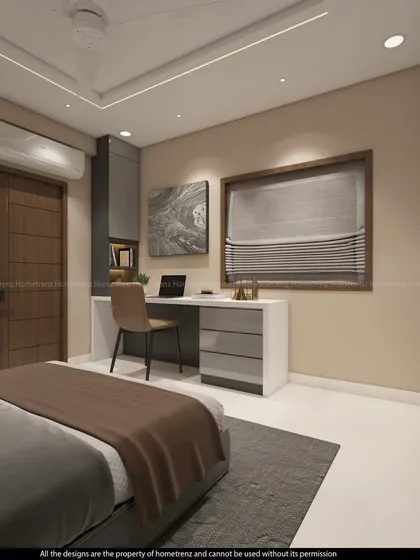 A guest bedroom设计 with a floating desk and a simple, comfortable bed. The neutral color palette makes it a welcoming space for any visitor.