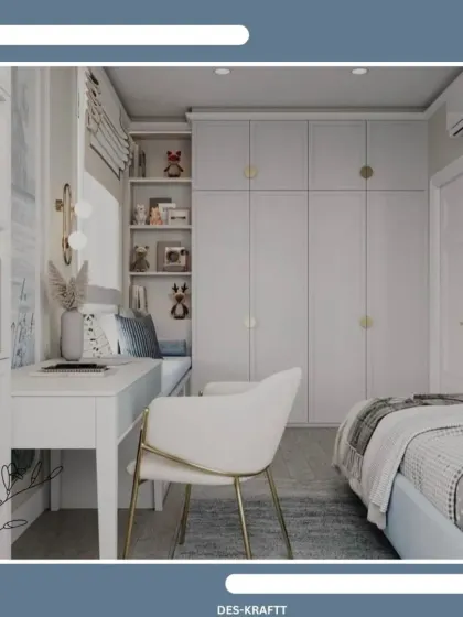 This image shows a full view of a child's room with a blue theme, including a bed, study desk, and floor-to-ceiling wardrobe with gold hardware.
