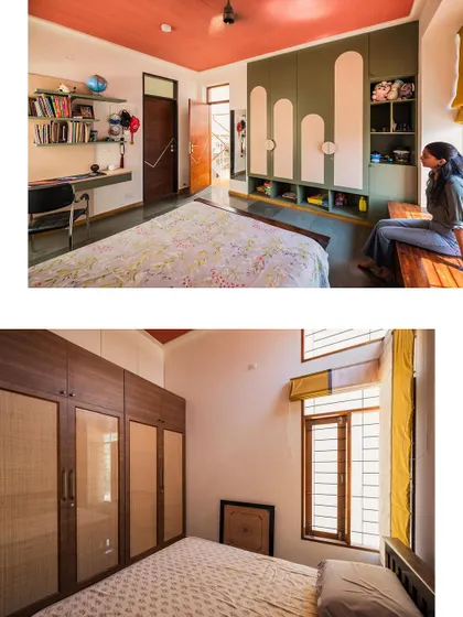 Bedroom designs from the Kaustubha Residence. The top image shows a room with a built-in desk and custom wardrobe, while the bottom features cane-paneled closets, showcasing our approach to personalized and functional design.