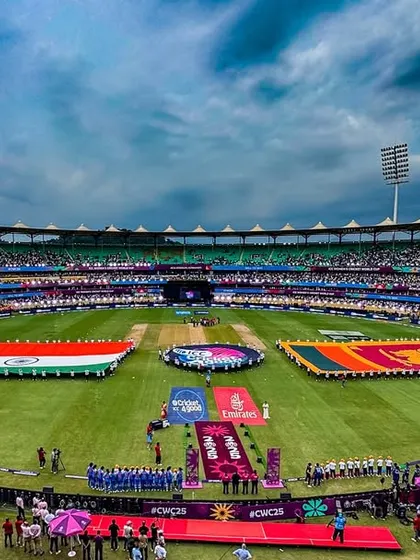 A wide shot of the pre-ceremony setup for the ICC Women's World Cup, showcasing the massive on-field flag display. We managed all logistical aspects, including the national anthem ceremony and walkout elements.