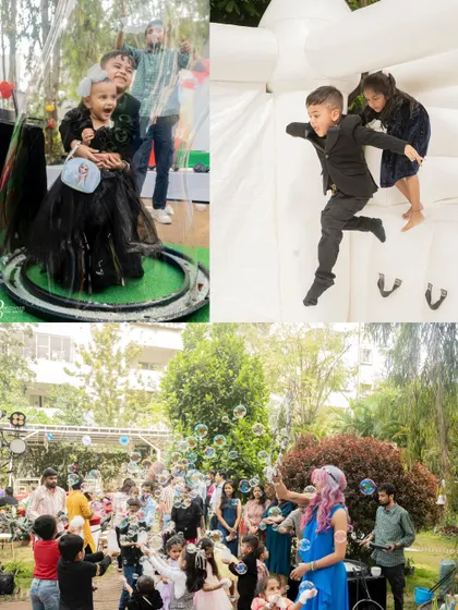 More fun and games from a carnival party. This collage shows kids inside a giant bubble, jumping on a white bouncy castle, and enjoying an outdoor bubble show.