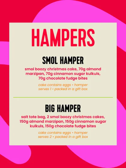 A quick guide to my Christmas hamper options for the year. Whether you want a smol treat or a big feast, I've got you covered.