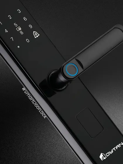 Here is a detailed view of our smart lock in a classic black finish. The integrated fingerprint scanner and illuminated keypad are designed for quick and reliable access, day or night.