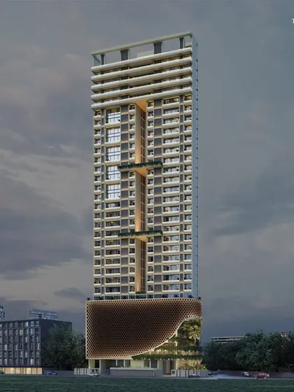 The Malabar Hill tower at dusk, where its unique form and integrated greenery create a striking silhouette. The design offers lavish 4 and 5 BHK residences with sweeping city views, providing a serene escape in a coveted address.