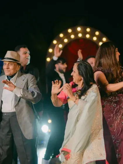 A Broadway-themed Sangeet is all about the drama and energy. We love seeing our decor come to life as guests like these at Ayesha and Abhishek's wedding celebrate their hearts out on the sparkling stage we built.