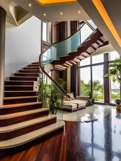 A stunning curved staircase with a glass railing, set against a double-height window that floods the space with natural light.