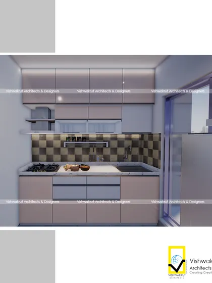 A 3D proposed design for a modular kitchen in a 1BHK apartment. The design uses a neutral color palette with a checkered tile backsplash, creating a timeless and elegant look.