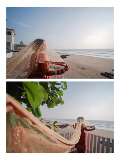 A diptych showing the bride on a balcony overlooking the sea. The flowing veil against the beach backdrop creates a sense of freedom and romance, perfect for a destination wedding.