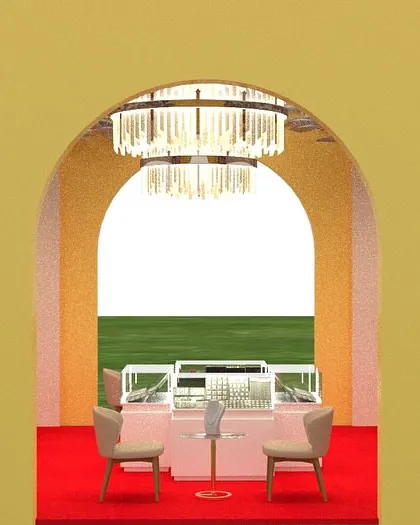 This front-on view highlights the symmetry of the design. The central chandelier acts as a focal point, drawing attention to the main display counter, while the branded pillars frame the entrance.