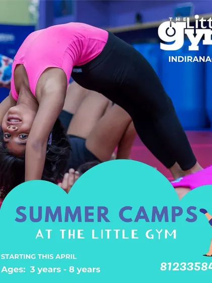 A poster for our summer camps, featuring a girl in a perfect backbend. It highlights our program for ages 3-8, starting in April.