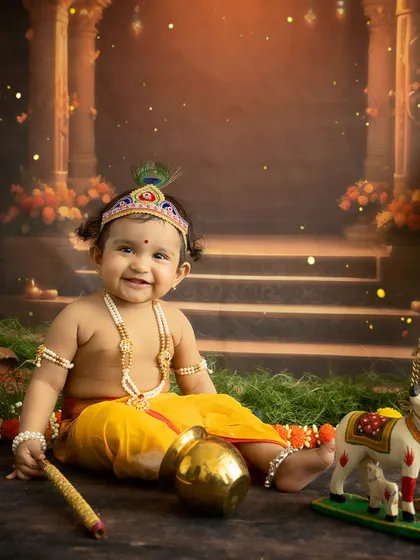 A joyful Bal Gopal. This baby's happy smile and the grand, temple-like backdrop create a magical Janmashtami portrait.