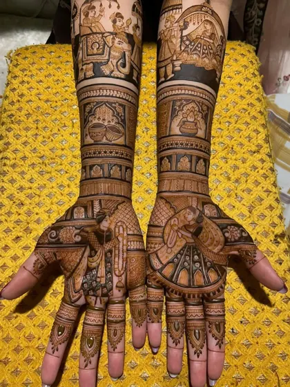 A full view of the baraat and doli design, showing how the story unfolds across both arms.