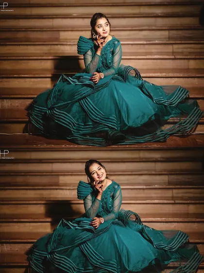A diptych of a bride-to-be in a stunning teal gown, seated on stairs. The rich color of the dress and her happy expressions make for a beautiful solo portrait.