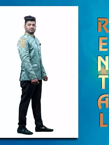 A stylish pastel green printed Jodhpuri suit, perfect for a daytime event or a summer wedding.